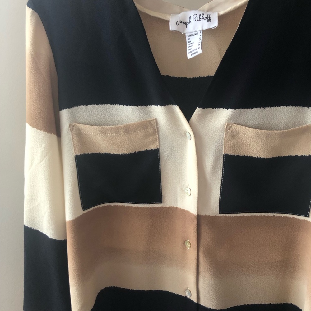 ▫️Joseph Ribkoff▫️Navy Blue , Beige and Cream Striped Ombré Button-Front Blouse